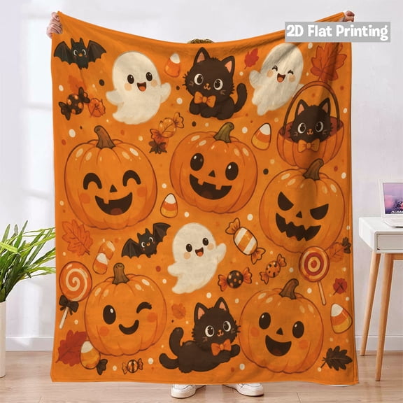 Halloween Throw Blanket, Cute Ghost and Pumpkin Double-Sided Flannel Fleece Cover, Soft Cozy Fall Blanket for Sofa, Couch, Bed, Office Rest, Travel and Seasonal Room Decor, 29.5 x 39.4 in, F