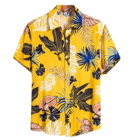 RYDCOT Mens Ethnic Short Sleeve Casual Printing Hawaiian Shirt Blouse T-shirt Yellow XL