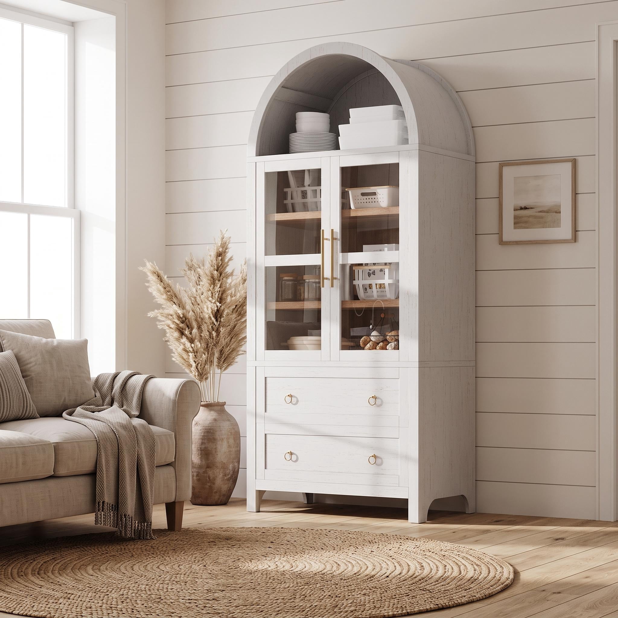 Homy Casa 71" Tall Arched Kitchen Pantry Storage Cabinet with Glass Doors 2 Drawers Adjustable Shelves White
