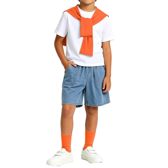 Boys 4 Pieces Back To School Outfit Round Neck Solid Short Sleeve Tee and Pockets Denim Shorts and Shawl and Knee High Socks Performance Outfits Casual Clothes Set 3-16 Years