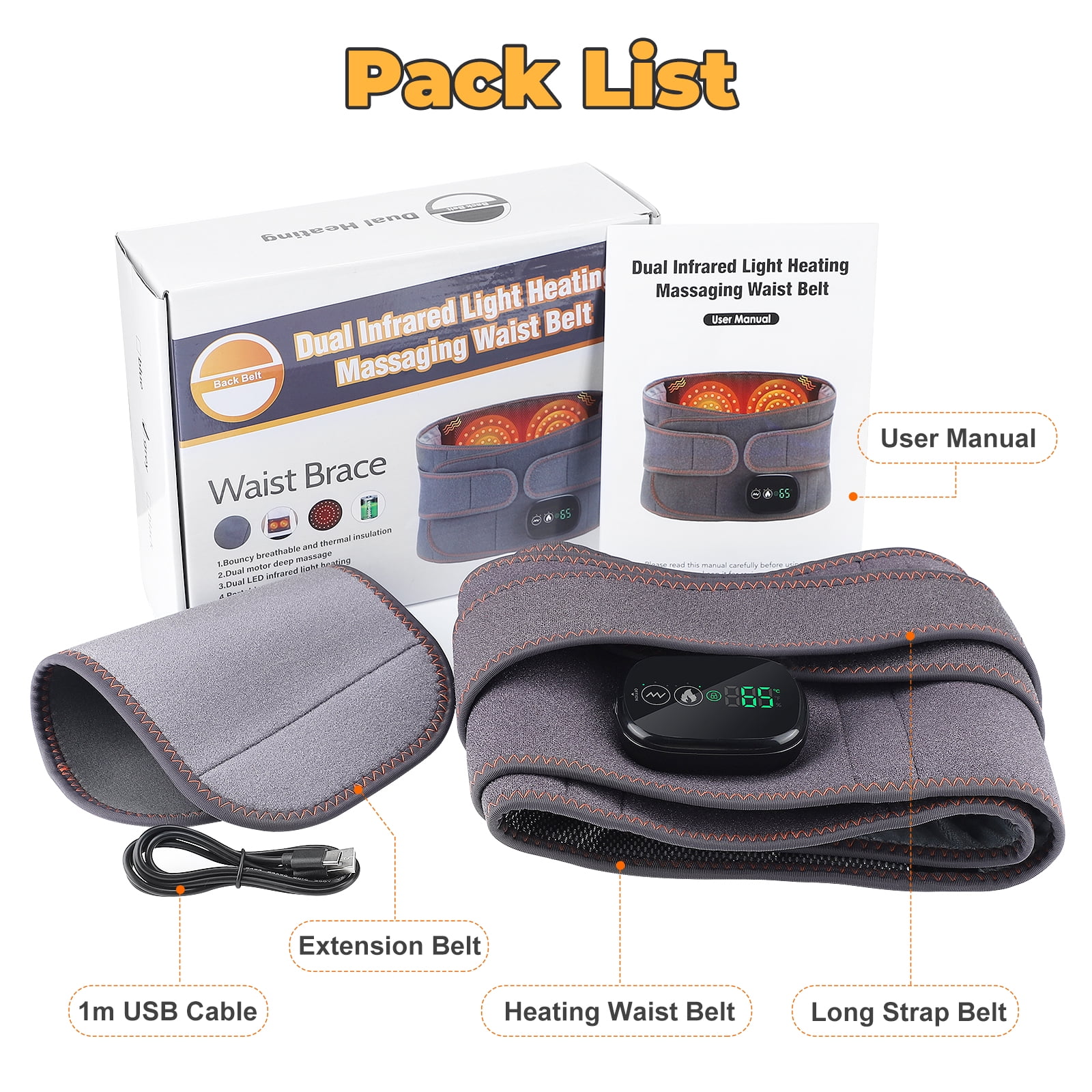 Flaremore Cordless Heating Pad with Massager for Back,Portable Lower Back Massager Red Light Waist Belt 5000mAh 46*8 in Gray