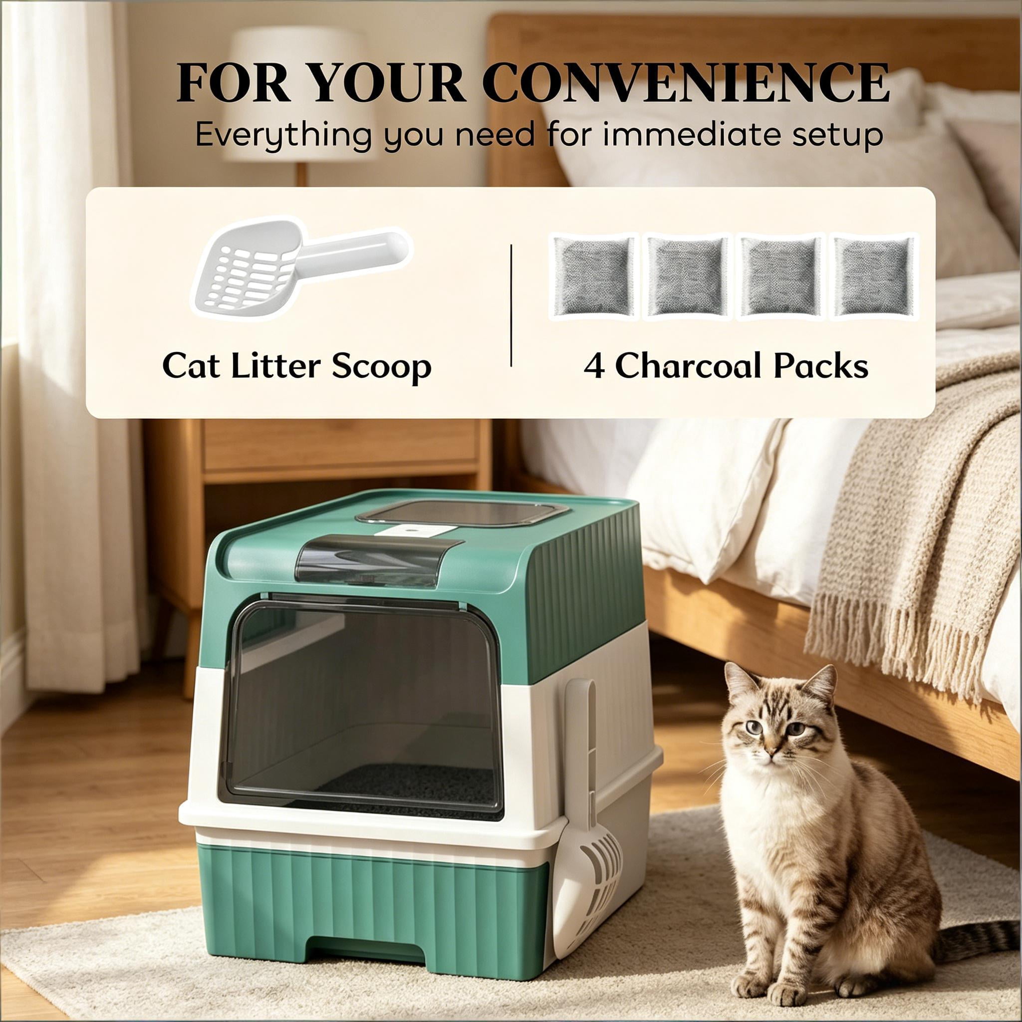 CQSXDA Fully Enclosed Compact Cat Litter Box for Effortless Clean Up - Ideal Pet Litter Solution for Small Spaces，Black,Teal,White