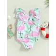 thumbnail image 4 of Blotona Toddler Baby Girls Summer Bikini Jumpsuit Cartoon Dinosaur Flamingo Leaf Print Ruffled Sleeveless Round Neck Swimsuit, 4 of 9