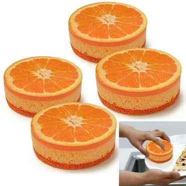 4  Kitchen Sponge Orange Fruit Design Scrub Scourer Clean Dish Pads Non Scratch