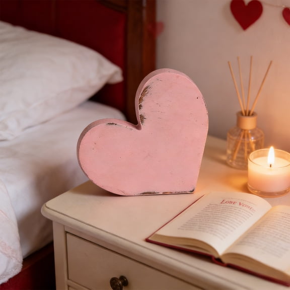 Distressed Wooden Heart Tiered Tray Decor, Primitive Farmhouse Valentine Sign – Standalone Chunky Wood Heart for Shelf Fireplace Tabletop, Romantic Anniversary or Wedding Gift Accent