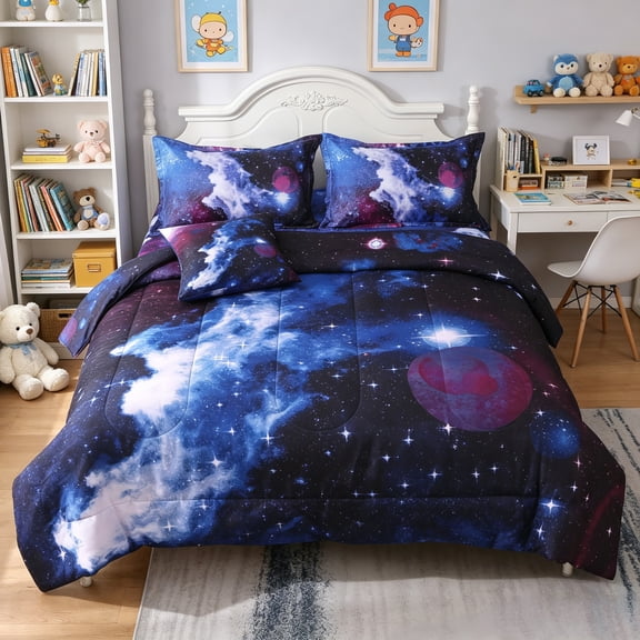 OKKEEY Twin Galaxy Bed in a Bag for Boys & Girls, 6 Pcs Outer Space Theme Teens Bedding Sets, Reversible Soft Microfiber Comforter Sets Kids Room Decor (Dark Blue)