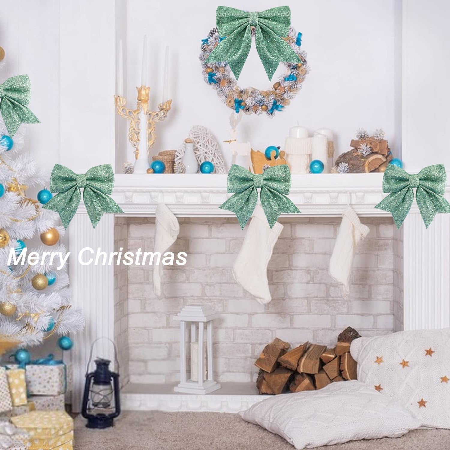 LINLIN Large Gold Glitter Bows for Christmas Tree Decoration- 5PCS Christmas Decorative Bows Christmas Tree Bow Christmas Bows Decorative Xmas Decor Wreath Ornament