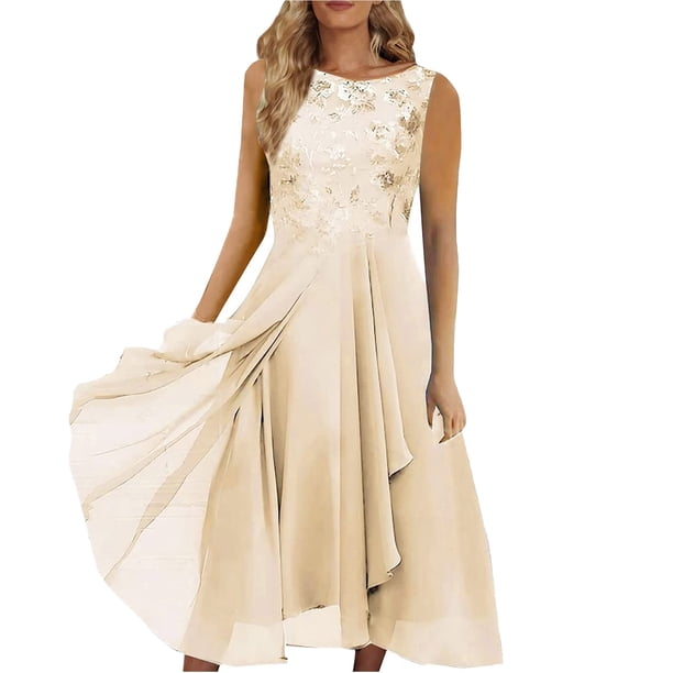 Gibobby Vestidos largos de fiesta Vestido largo de falda larga con estampado de lentejuelas y cuello redondo de retazos de gasa para mujer(Dolado,CH)