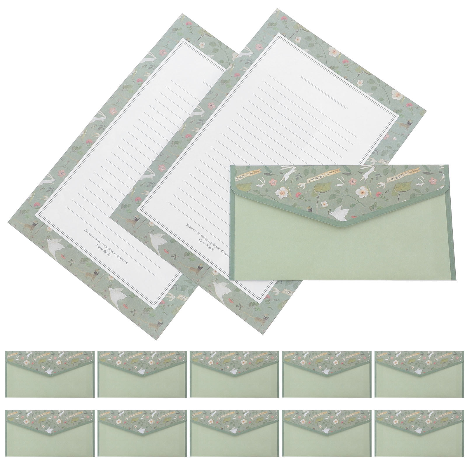 DINHEAROM Vintage Floral Lined Stationery Writing Paper and Envelopes Set Light Green for Wedding 2Sets