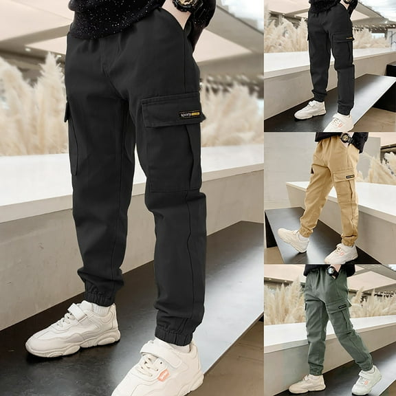 Boys Cargo Pants Fall Winter Hiking Solid Color Joggers Casual Pants with Pockets Elastic Waist Sports Activewear Trousers Black Sizes 8-9 Y