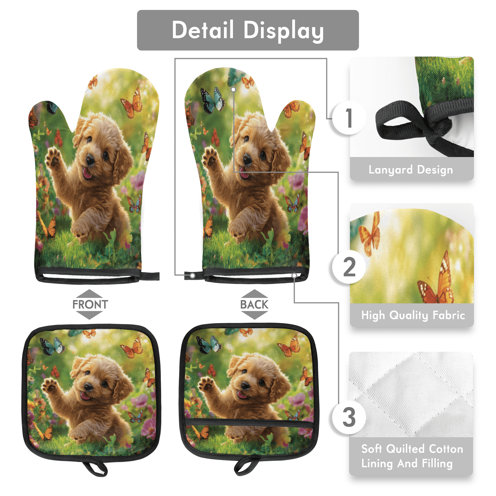 CURLYOOT Cute Dog with Butterfly Oven Mitts and Pot Holders Sets of 2, Non-Slip Washable Hot Pads and Oven Gloves for Kitchen Cooking Baking