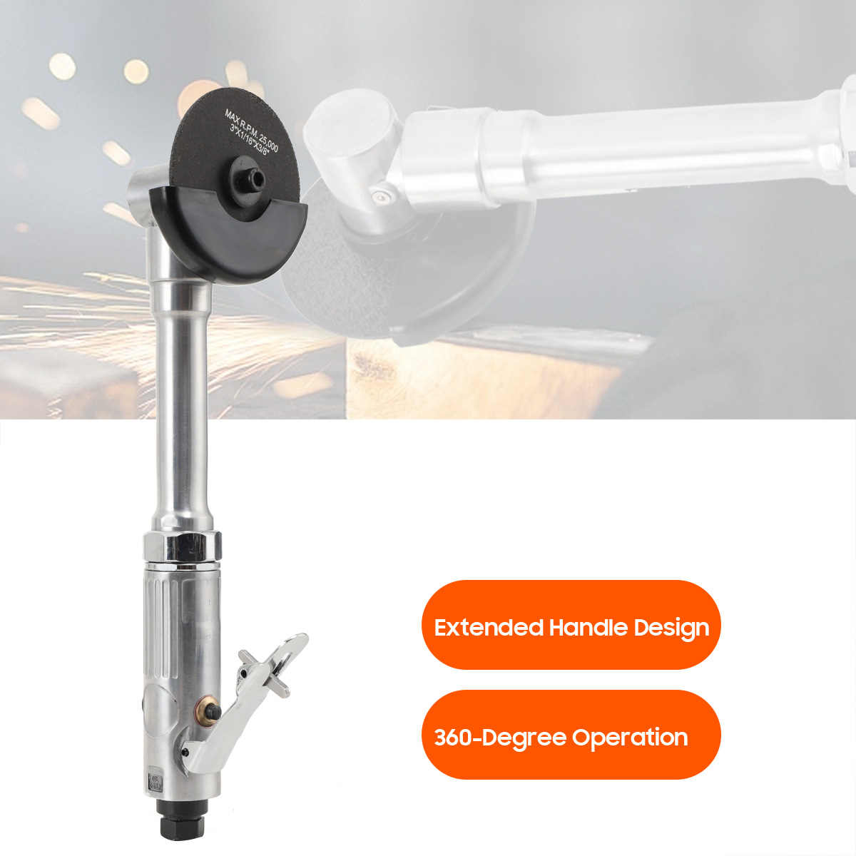 SUDEG 1/4" Air Grinder, Air ‎Right Angle Die Grinder, Air Angle Edge Die Grinder Cutter Polisher Air Tool with Long Handle Safety Cover, 90PSI 18000RPM Long Handle Cutting Machine