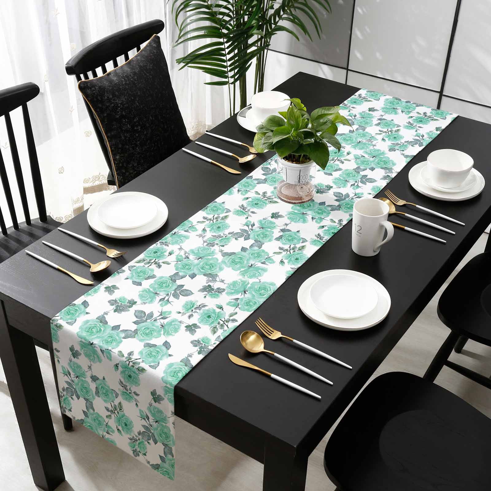 Green Floral Table Runner Cotton Linen 48 Inch Holiday Dresser Scarves, Farmhouse Garden Flowers Botanical Tablerunner for Kitchen Coffee Dining Bedroom Home Living Room Dinner Scarf Décor 13''x48''