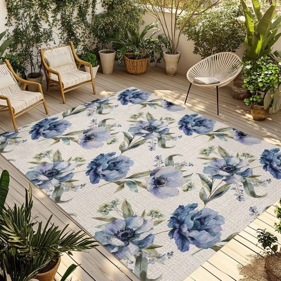 Navy Blue Floral Outdoor Rug for Patio/Deck/Porch, Non-Slip Large Area Rug 5 x 8 Ft, Vintage Flowers Elegant Pastoral Rustic Indoor Outdoor Rugs Washable Area Rugs, Camping Rug Carpet Runner