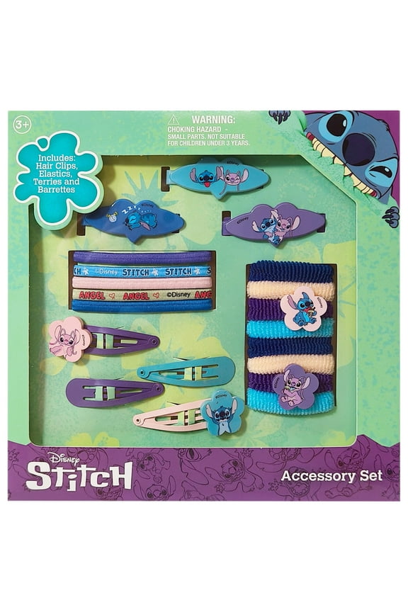 Girls' Hair Accessories Set - 20 Pack Featuring The Stitch - Includes 3 Barrettes, 4 Snap Clips, 5 Elastics, 8 Terry Ponies - Everyday Wear, Special Occasions, Ages 3+