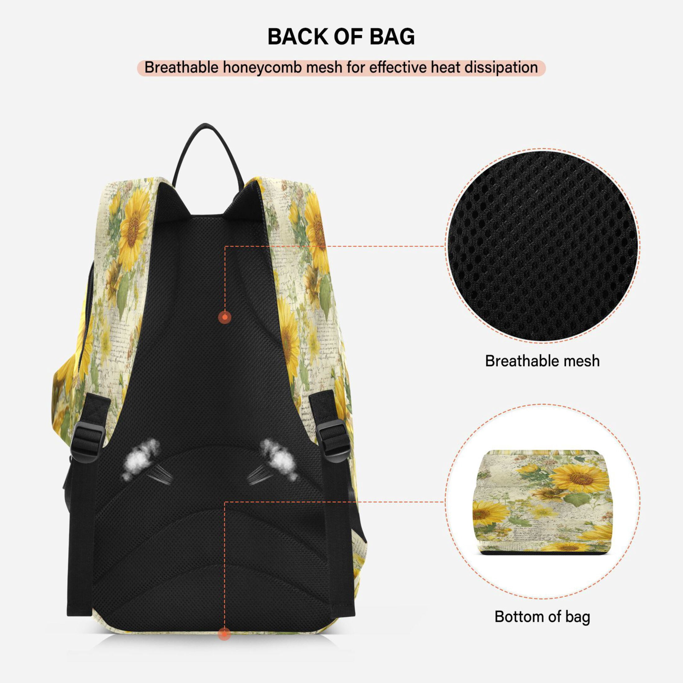2 Racquet Holder Tennis Backpack Tennis Racket Covers Gym Bags Vintage Faded Sunflowers