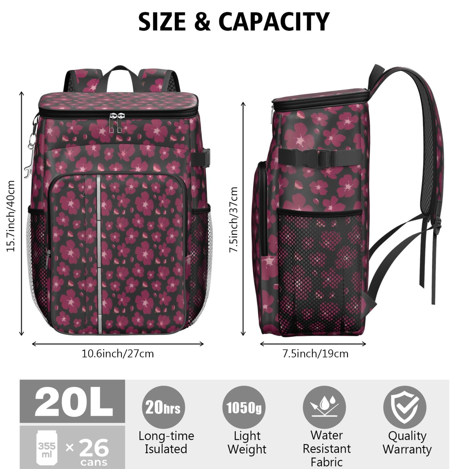Travel Cooler Bag - Pioneer Flower Floral Print Pattern Camping Beer Cooler Backpack with Bottle Opener- Waterproof Insulated Picnic Backpacks - Cooler Bag for Beach