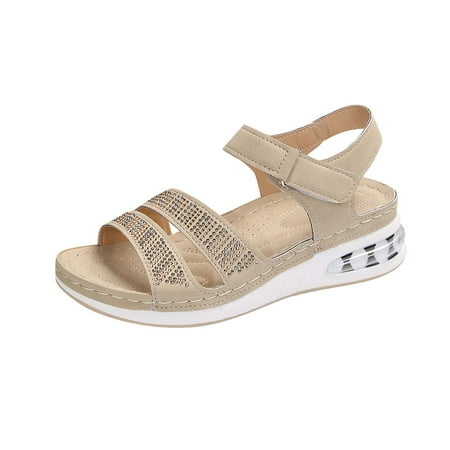 CHOII Women s Solid Color Elevated Air Cushion Wedge Casual Beach Shoes Velcro Thong Sandals for Ladies Anti-slip Sole Slide Slipper for Girl Ankle Strap Sandals Clearance! Khaki/6.5
