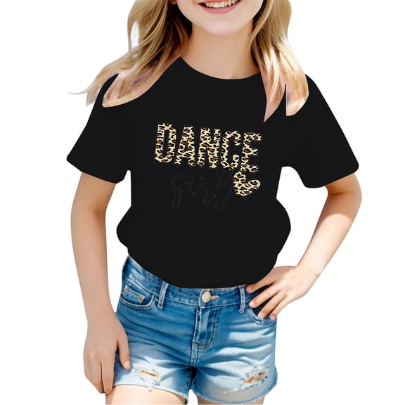 Hiijoy Girl Black Tshirt Letter Print Leopard Short Sleeves Round Neck T-Shirt, Sizes 3-14