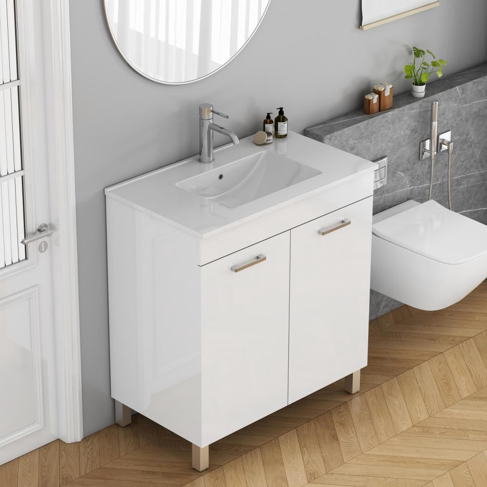 32-Inch Floor-Mounted Bathroom Vanity with Sink Combo,Double Doors With Soft Close Hinges,Bathroom Cabinet With Adjust Shelf,Metal Handle ,Ceramic Basin,Adjustable Silver Feet,Glossy White