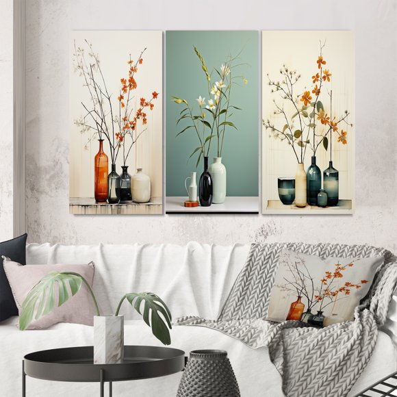 Designart "Mid Century Oasis Poteries I" Abstract Still Lifes Wall Art Set Of 3 - Beige Minimalism Gallery Set For Office Decor