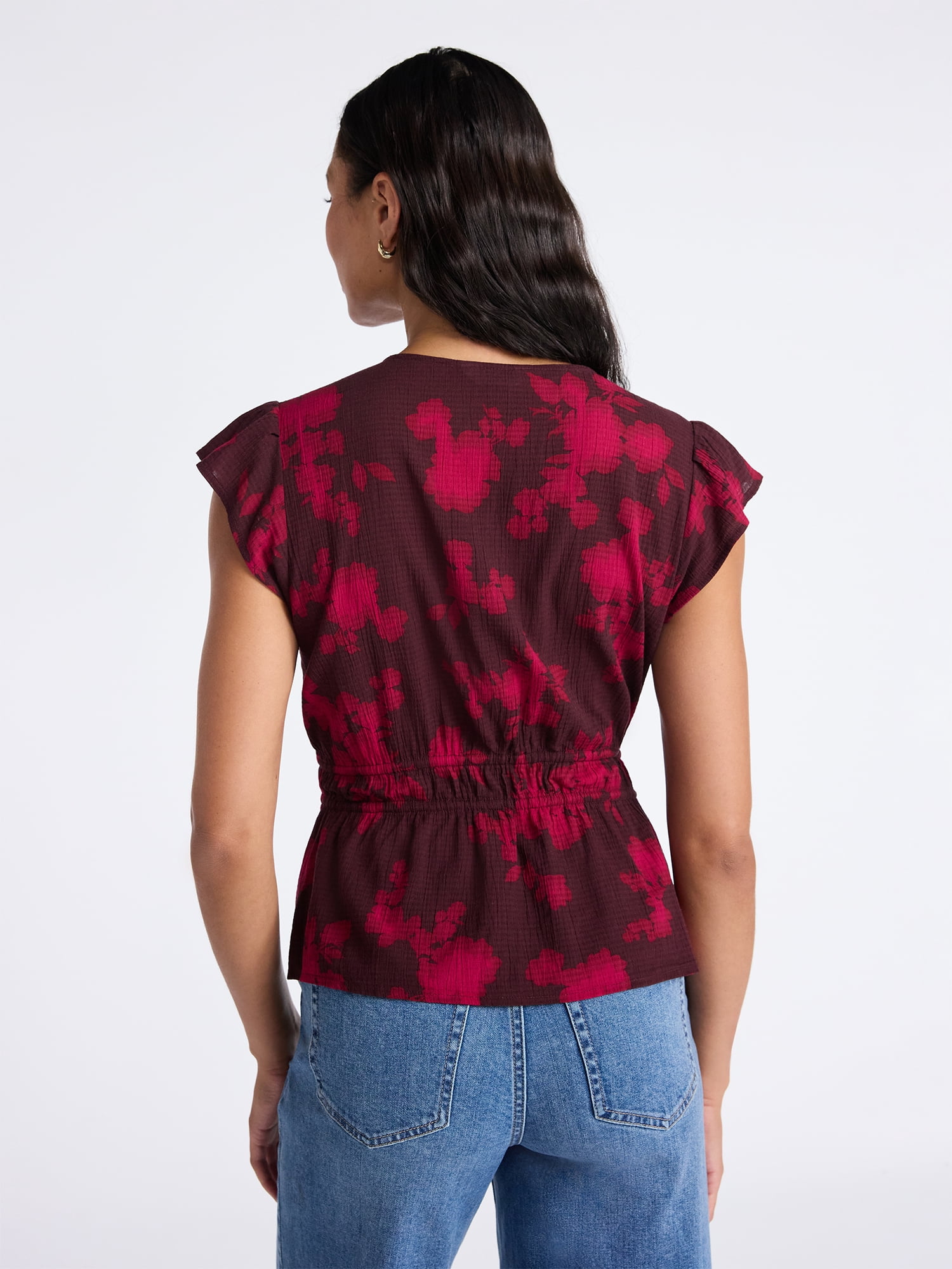 Time and Tru Women's Peplum Top with Flutter Sleeves, Sizes XS-XXXL