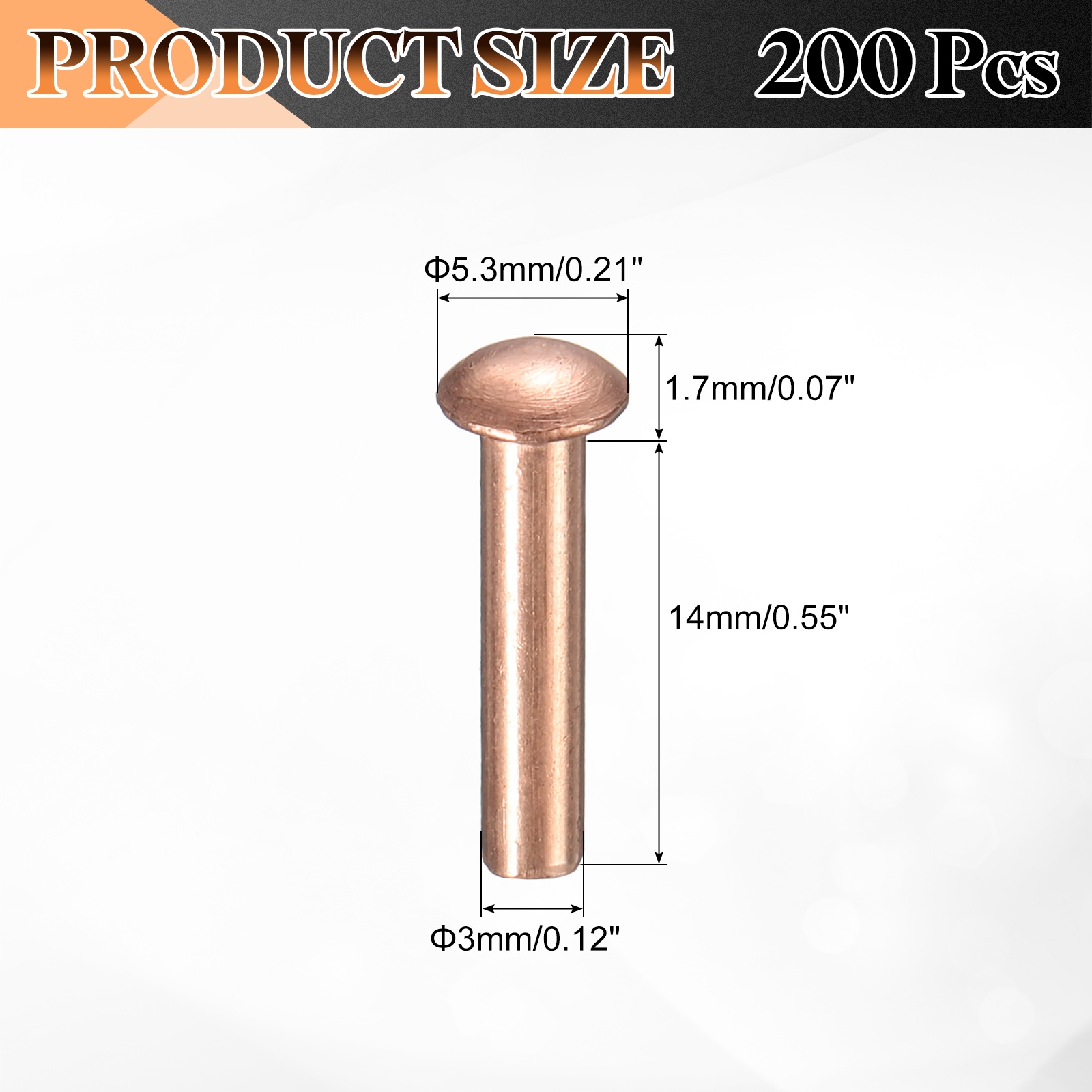 200 Pcs Copper Solid Rivets, 0.12"x0.55" Half Round Head Rivet Metal Fasteners for Electrical Applications, Leather DIY Craft Supplies (M3x14)
