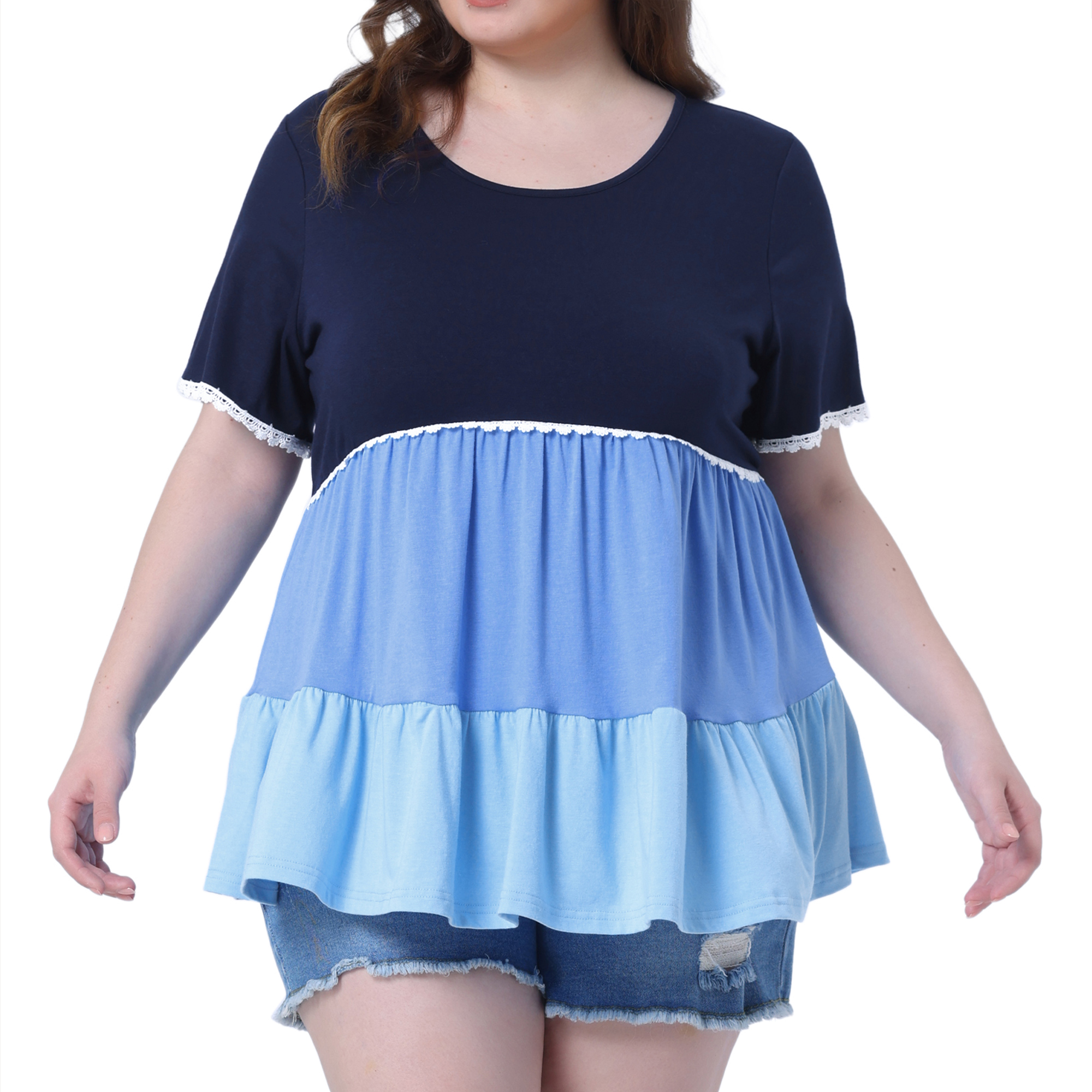 DARING DIVA Women's Plus Babydoll Ruffle Short Sleeve Casual Blouse 2X Blue