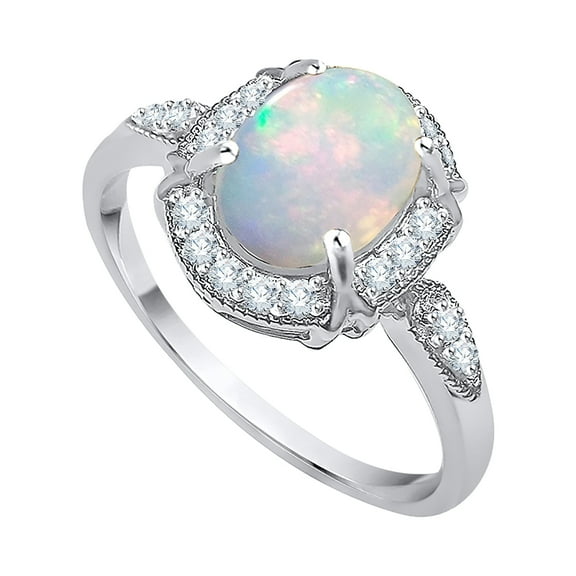 KATARINA Diamond and Oval Cut Opal Fashion Ring in 10K White Gold (1 Cttw, G-H, I2-I3) (Size-8.25)