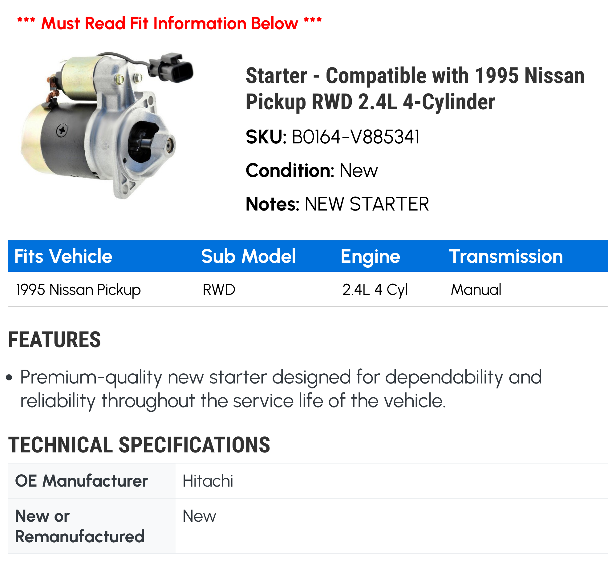 Starter - Compatible with 1995 Nissan Pickup RWD 2.4L 4