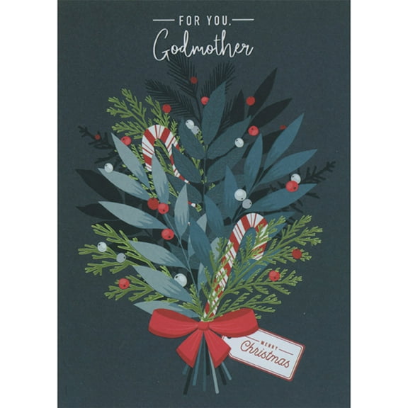 Designer Greetings Bouquet of Holly, Vines and Candy Canes Wrapped in Red Bow Christmas Card for Godmother