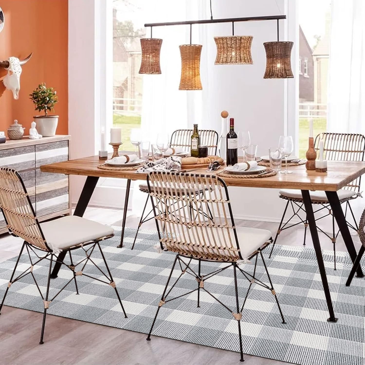AllWays Plaza Cotton Buffalo Plaid Rug 4'x6' Gray and White Checked Rug Washable Doormats Indoor Outdoor Rugs for Layered Front Door Mats, Porch, Kitchen, Farmhouse, Entryway