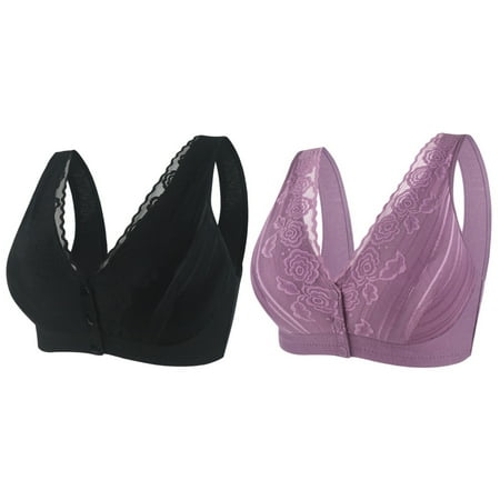 

Pretty Comy 2 Pack Lace Bras for Women Wide Shoulder Straps Vest Bra Front Button Seamless Wirefree Bra Push Up Lingerie