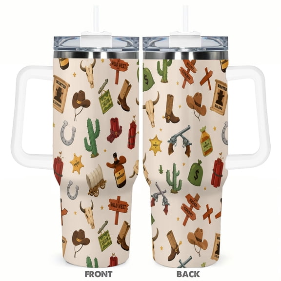 40oz Wild West Cowboy Tumbler with Handle and Straw Stainless Steel Insulated Travel Coffee Cup Western Gift