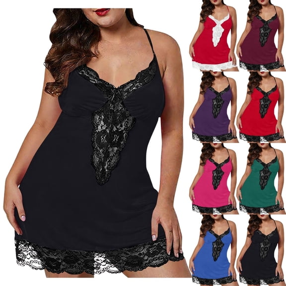 QINGFSAP Womens Plus Size Lace Trim Chemise Nightgown V Neck Sleepwear Slip Dress