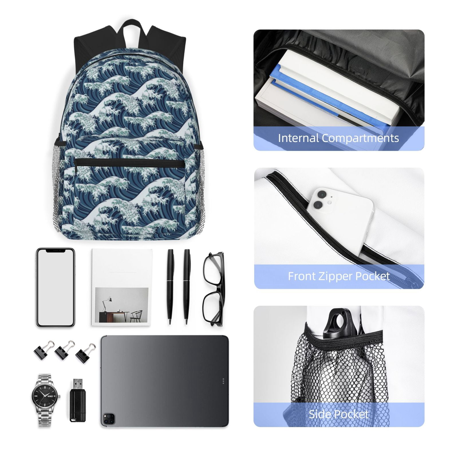 Gukieu A Japanese Great Wave Print Backpack, Waterproof Backpack with Adjustable Shoulder Straps, Suitable for Campus, Business, Travel, Unisex