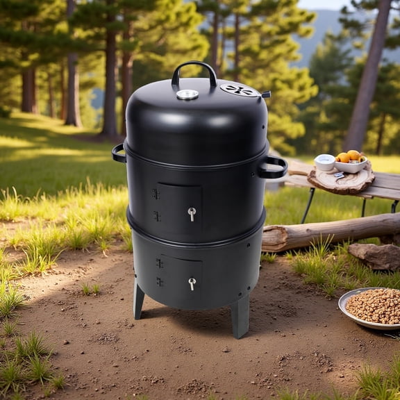 16-Inch Charcoal Smoker Grill, 3-in-1 Vertical Wood Smoker with Thermometer & Adjustable Vents, Portable BBQ Grill for Camping and Backyard Cooking