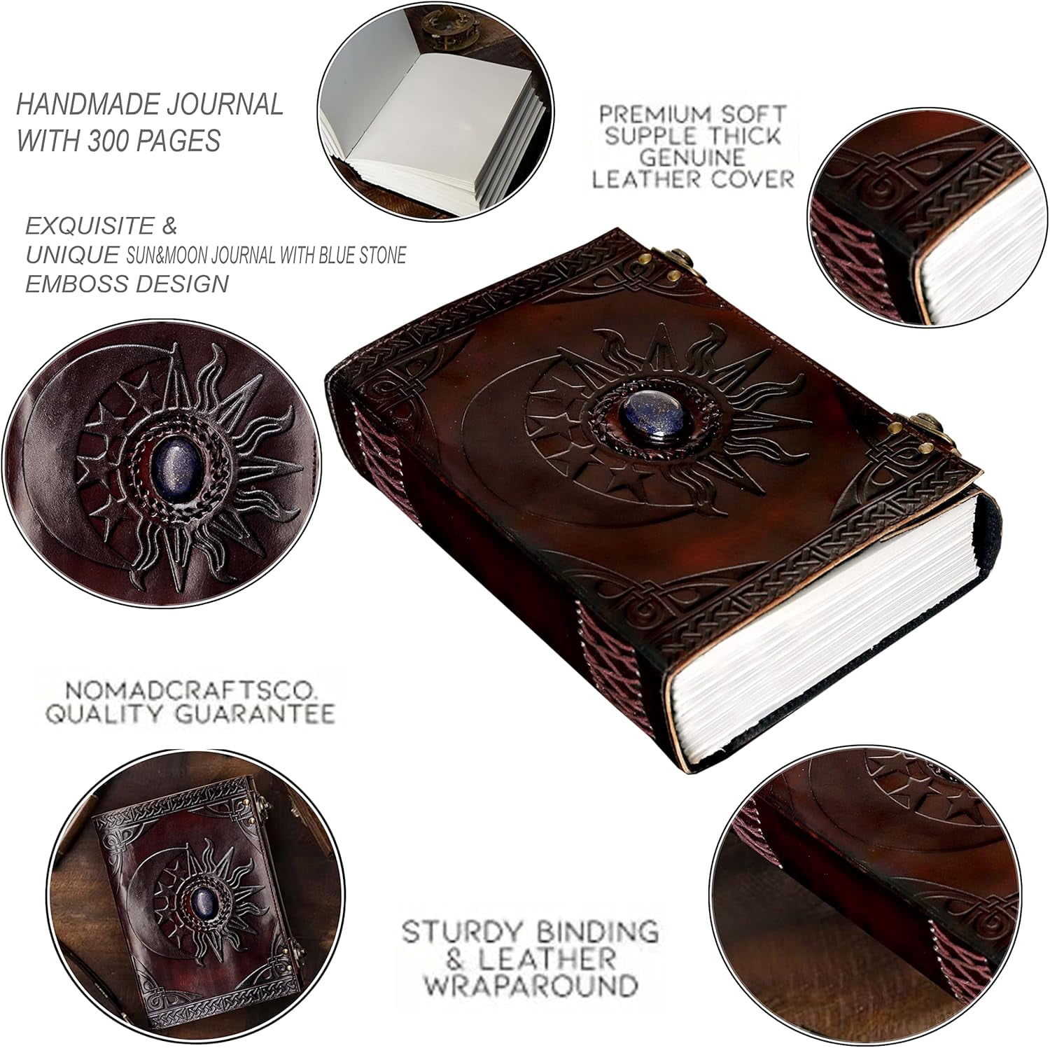 Leather Journal with  and Moon Embossing and Blue Stone Detail - Vintage Water Buffalo Diary for Writing Sketching