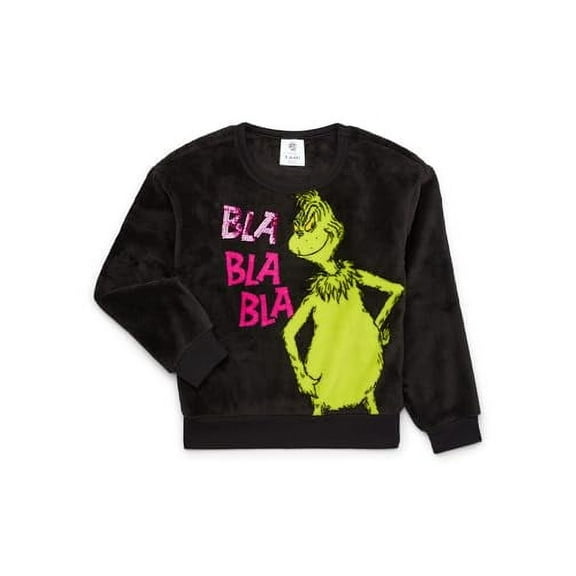 Girls Grinch Bla Bla Bla Plush Woobie Pullover Sweatshirt, Black, Small