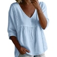 thumbnail image 2 of WHEANG Cotton Linen Tops for Women Pleated Loose Soft Cute Peplum Blouse 3/4 Sleeve Lace Trim V Neck Tops for Women Summer Tops Dressy Casual Womens Tops Hot Summer&nbsp;Sale Light Blue XXL, 2 of 4