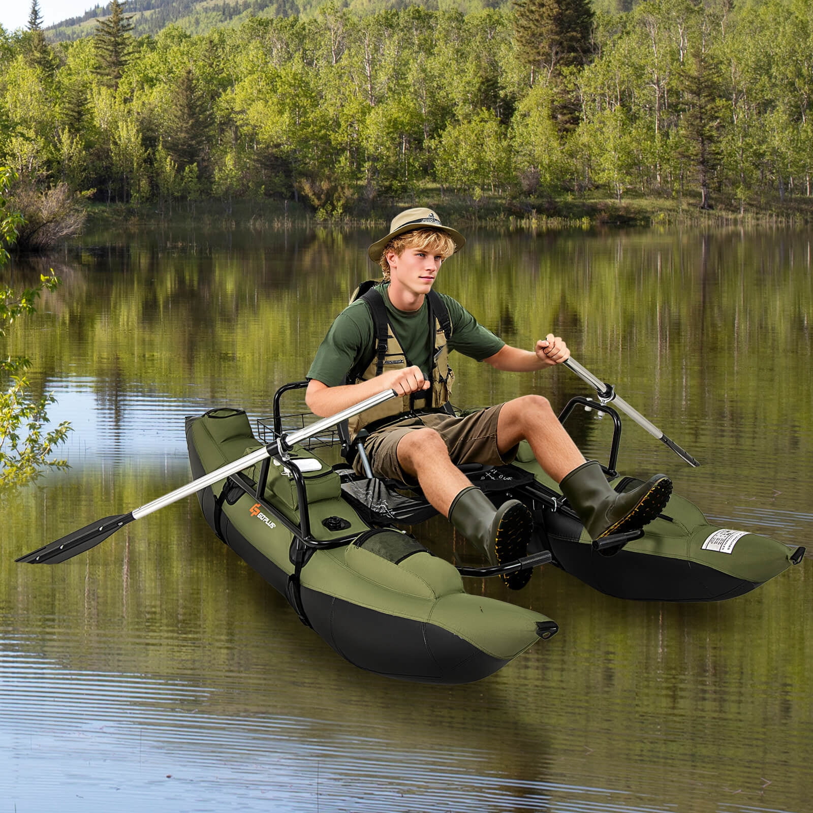 Goplus Inflatable Fishing Float Tube with Foldable Padded Seat, Adjustable Footrest, Pump