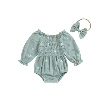 

Wilcliar Baby Girls Spring Autumn Romper Long Sleeve Daisy Print Shirred Jumpsuit with Headband