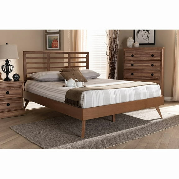 Baxton Studio Calisto Mid-Century Modern Walnut Brown Finished Wood Queen Size Platform Bed