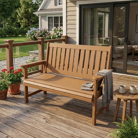 Innovaze Poly Lumber Outdoor Bench, HIPS All-Weather, Never Rots or Fades, for Patio, Porch, Garden and Park, 700 lbs Weight Capacity (2-Seat, Teak Tone)