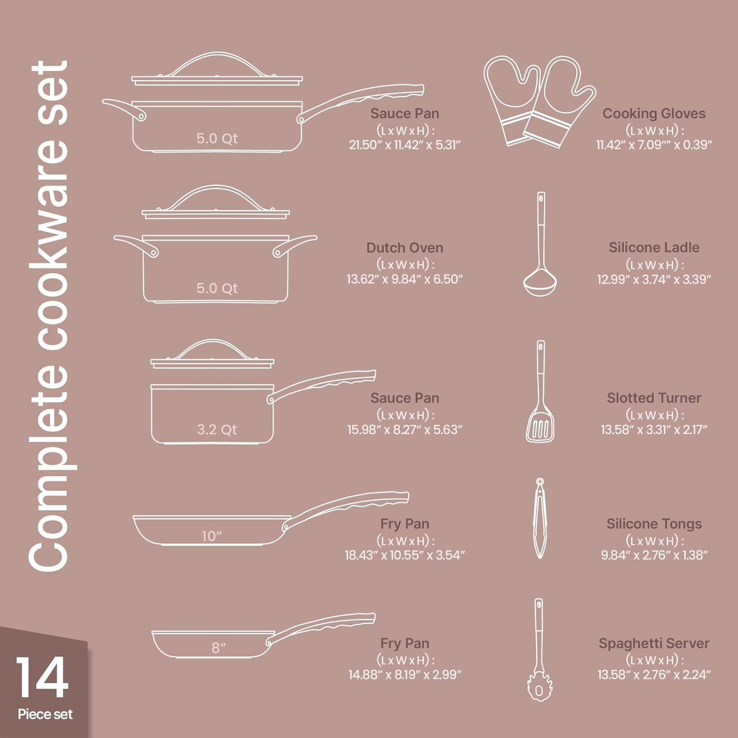 Bakken Crystal Kung Minkoff 14-Piece Ceramic Cookware Set with Lids, Nonstick Pots & Pans, Silicone Utensils & Oven Mitts, Dishwasher Safe
