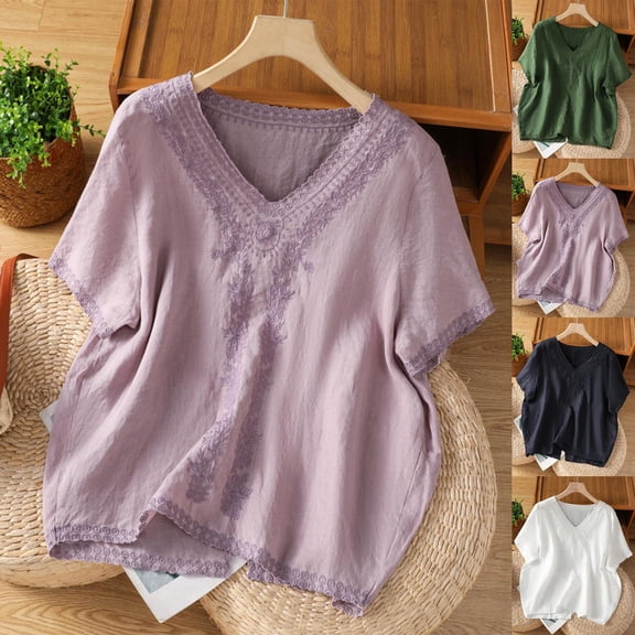 Antinious Summer Tops for Women Trendy,Sweatshirt for Women,Ladies Imitation Linen Embroidered Short Sleeved V-Neck Pullover Fashionable Top,Navy,L