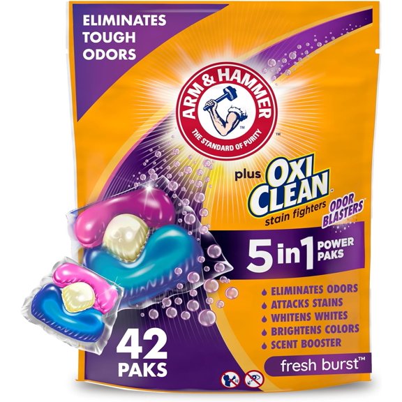 Plus with Odor Blasters 5-in-1 Laundry Detergent Power Paks, Laundry Odor Remover, Eliminates Odors, Attacks Stains, Fresh Burst Scent, 42 Count