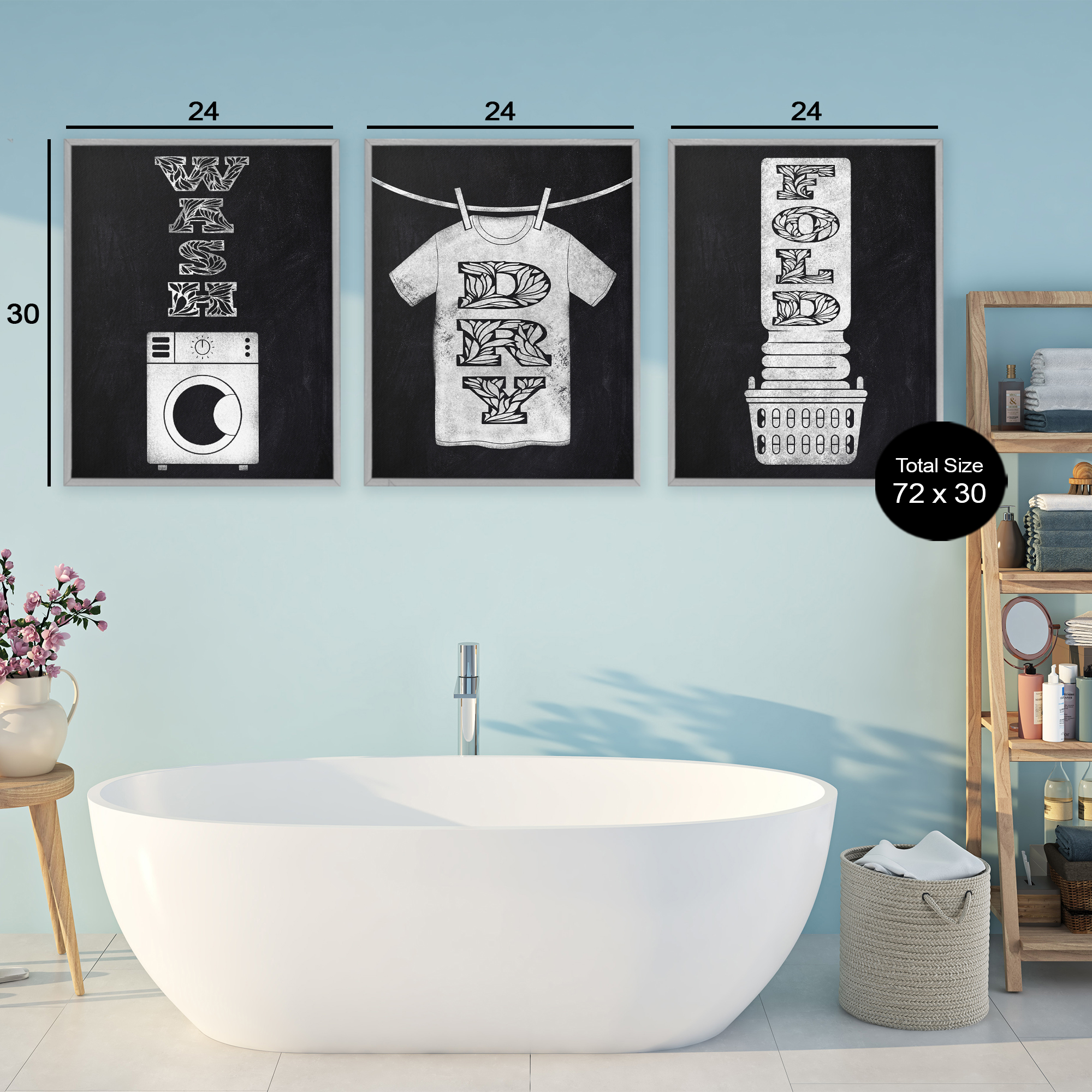 Wash & Dry Ornate Letters 3 Piece Gray Framed Giclee Art Set, design by Marcus Prime