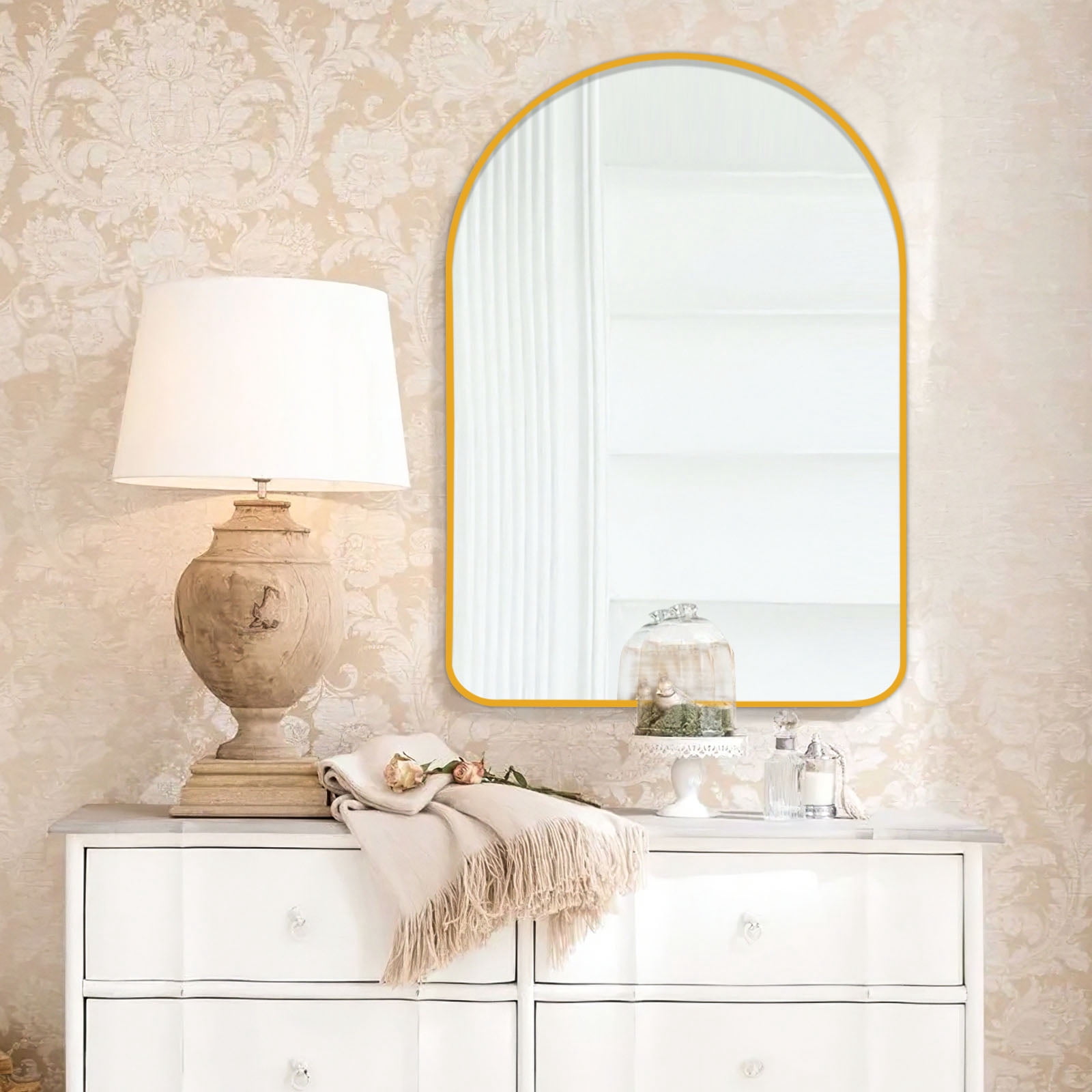 MAYEERTY 36"×24" Gold Aluminum Slim-Frame Arched Wall Mirror Rounded Corners, Modern Elegance for Home