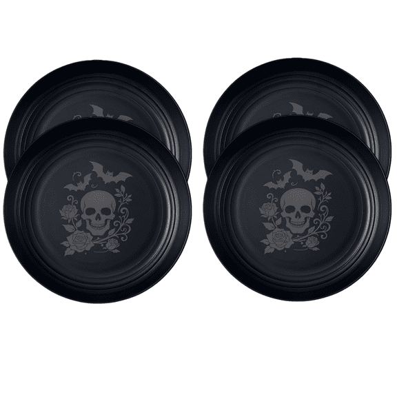 Homlyo 4PCS Halloween Gothic Dinner Plates, 7.8 Inch Round Kitchen Plastic Dish Plates, Unique Skull Bat Rose Pattern Design, Reusable Dinnerware Set for Dinner, Party, Camping, Dishwasher Safe